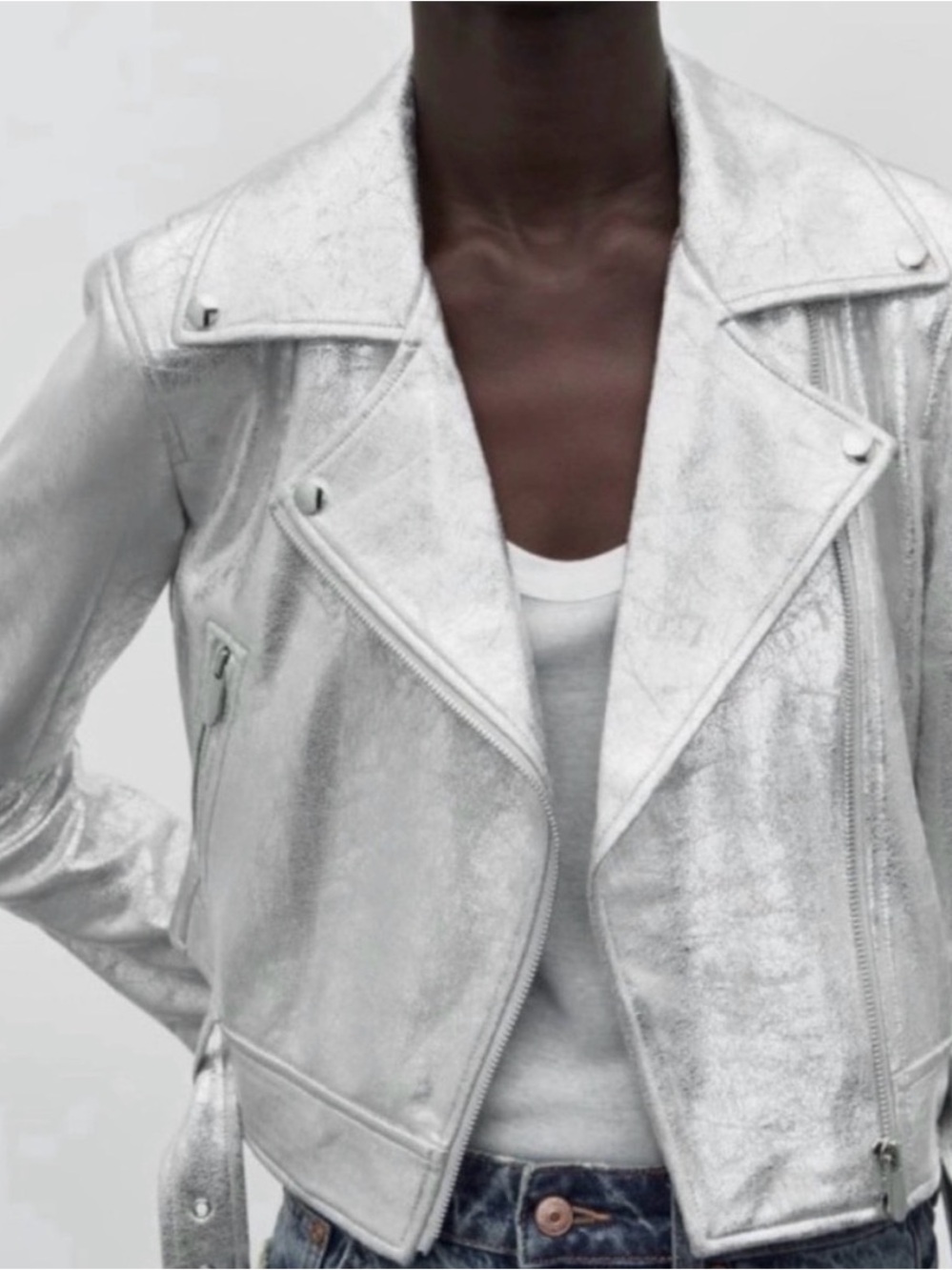 Zara Metallic Faux Leather Biker Jacket Silver Size S